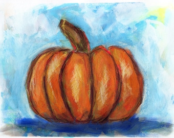 May include: A hand-painted orange pumpkin with a brown stem, set against a blue and white watercolor background.
