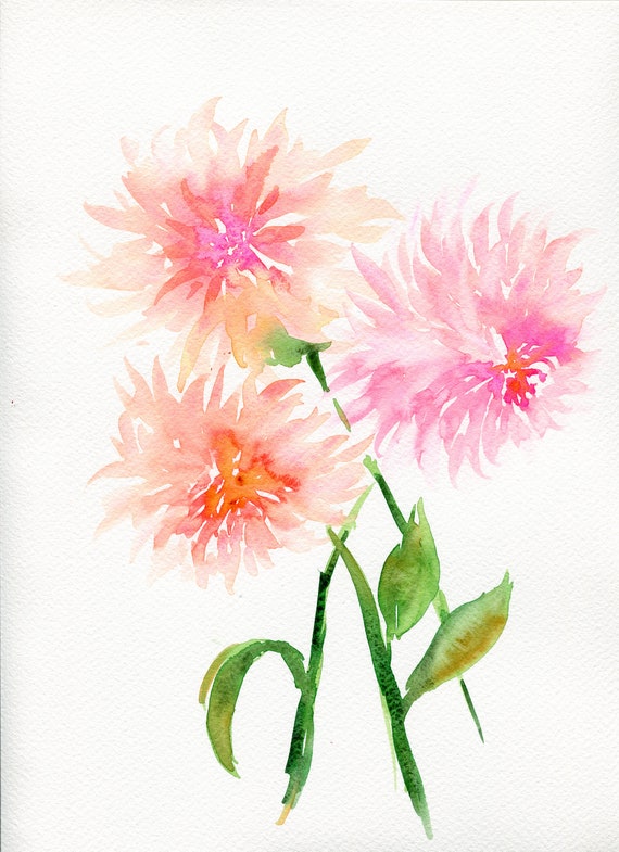 Pink Dahlia Watercolor Painting on Paper, Original Modern Floral