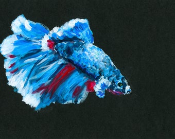 Pez Betta, pintura acrílica azul roja y blanca sobre papel negro, arte de pared de peces pequeños, pintura de peces luchadores siameses, obras de arte originales