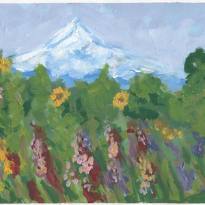 Mt Hood and flower field landscape hand painted acrylic painting 9x12, original wilderness landscape acrylic painting