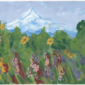 Monte Hood e paesaggio del campo fiorito dipinto acrilico a mano 9x12, pittura acrilica originale del paesaggio selvaggio
