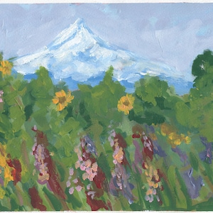 Mt Hood and flower field landscape hand painted acrylic painting 9x12, original wilderness landscape acrylic painting