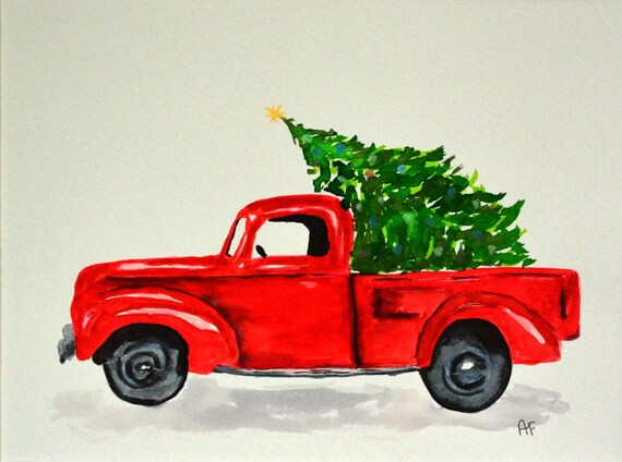 Vintage Red Truck Hauling A Christmas Tree Not A Print Original Watercolor