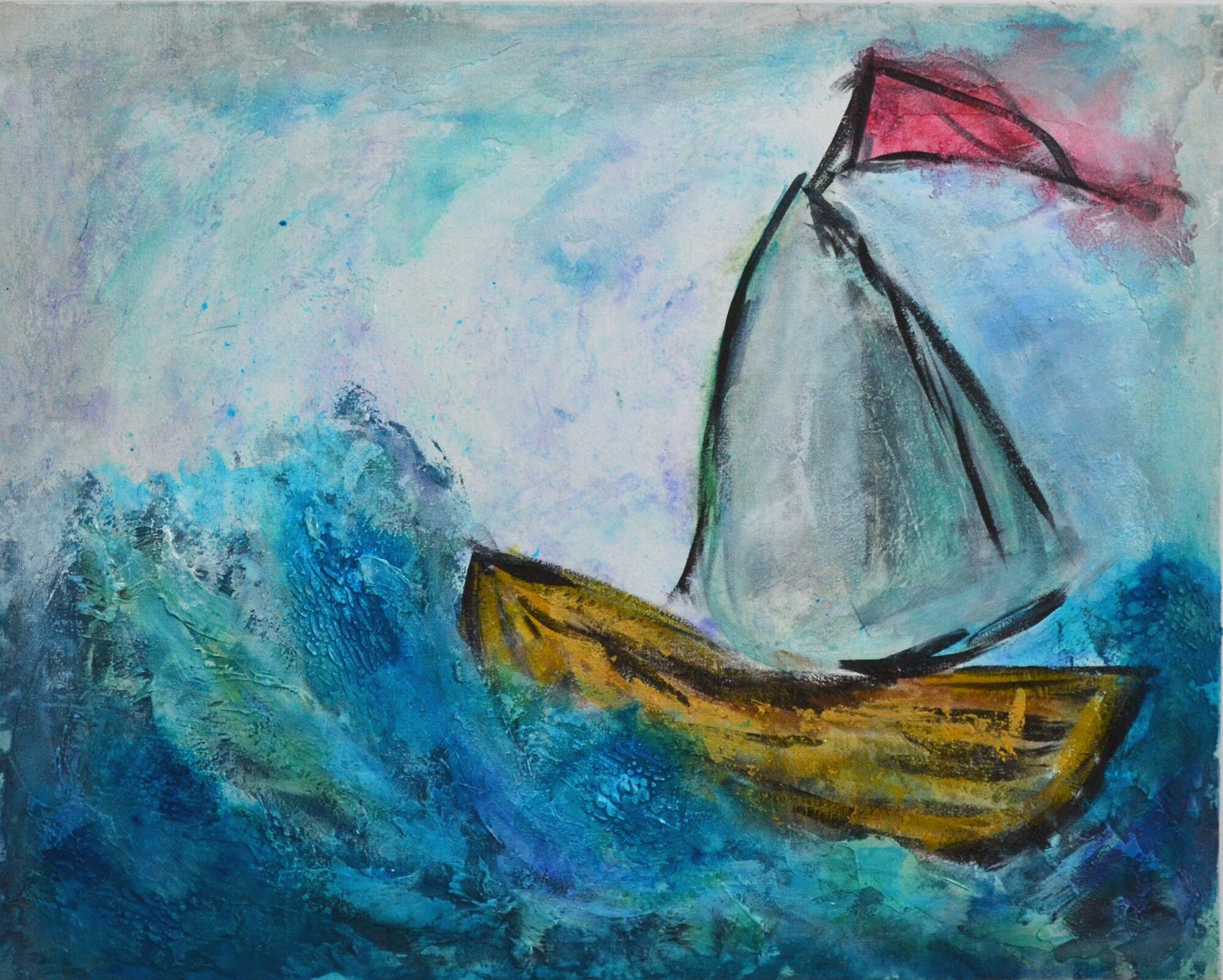 大割引 帆船と海の絵、キャンバスボードに手描き、16x20、キャンバス 絵画
