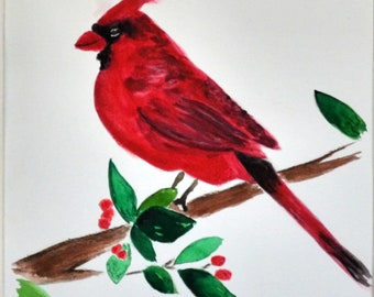 Peinture aquarelle cardinale festive 9 x 12, décorez pour Noël avec une aquarelle originale peinte à la main, décoration de vacances