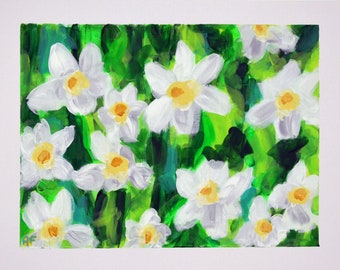 Field of daffodils original hand painted acrylic painting on paper 11x14, flower nursery wall art, bright home decor