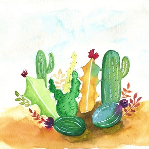 Cactus desert landscape original hand painted watercolor painting on paper 9x12, New Mexico wall art, Santa Fe inspired artwork