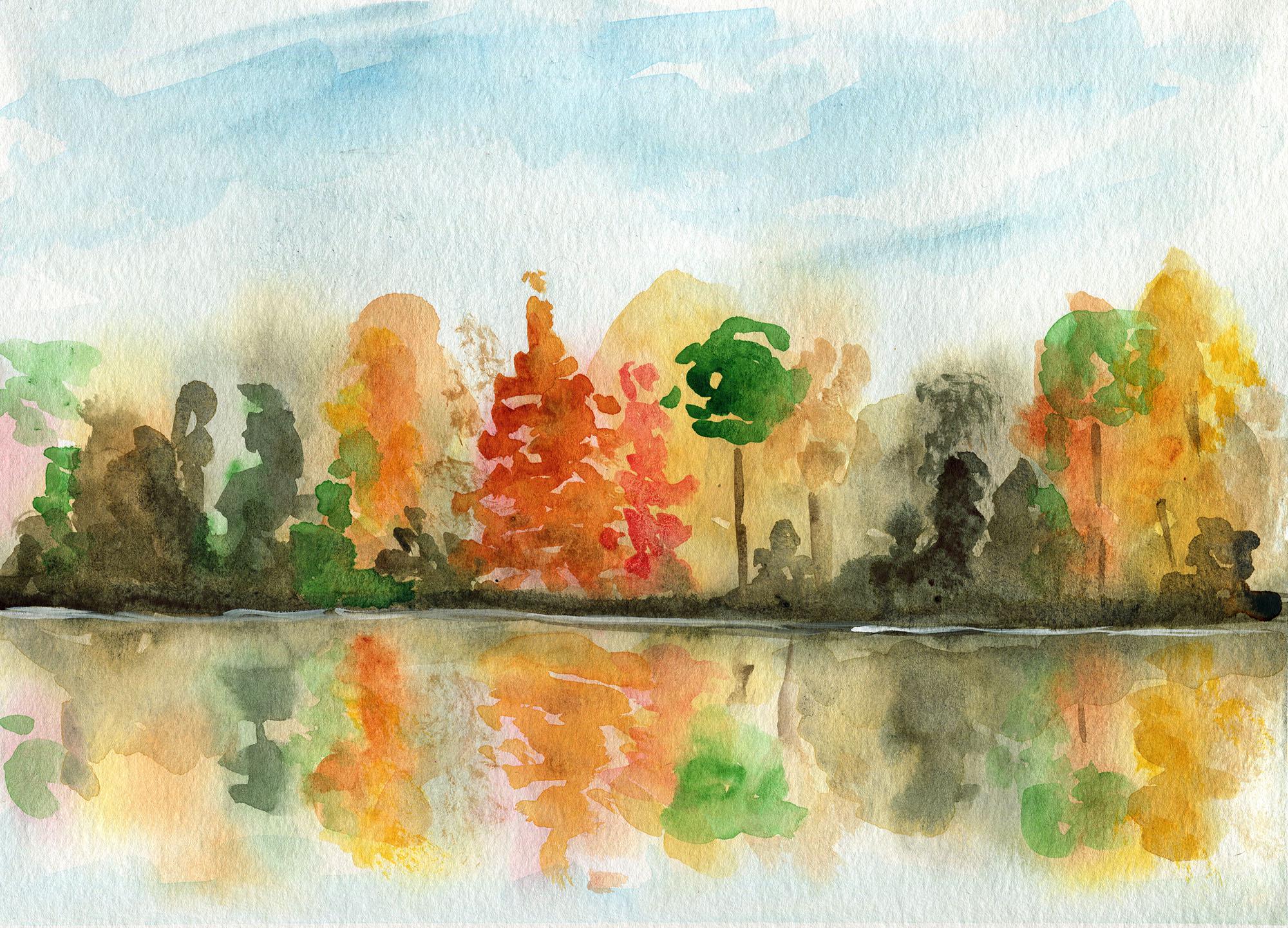 秋の湖の水彩画9x12、風景の風景オリジナルの手描きの水彩画、素朴な