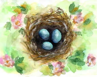 Robin's eggs bird nest original hand painted watercolor painting 9x12, bird lover wall art, spring mantle ready to frame original artwork