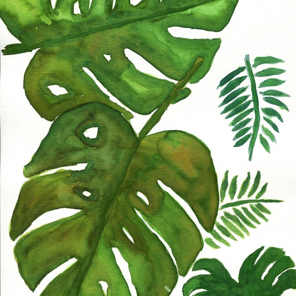 Monstera Deliciosa handgemaltes Original Aquarell Gemälde, tropische botanische Wandkunst, Philodendron Blatt Wandbehang