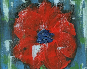 Abstract hand painted red poppy painting on canvas 8x10, modern floral wall art, flower nursery art, original artwork