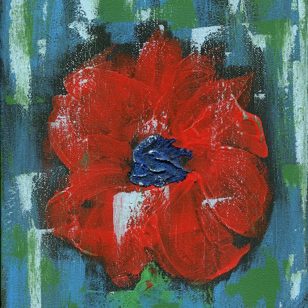Peinture abstraite de pavot rouge peinte à la main sur la toile 8 x 10, fleurs abstraites, art mural moderne, art de pépinière de fleur, oeuvre d'art originale