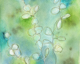 Eucalyptus watercolor painting, botanical line art, 9x12 original