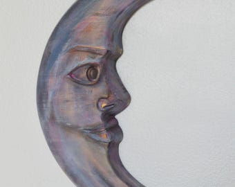 Crescent moon face 3d wood carving, wood wall art, vibrant and bold wood wall art ready to hang