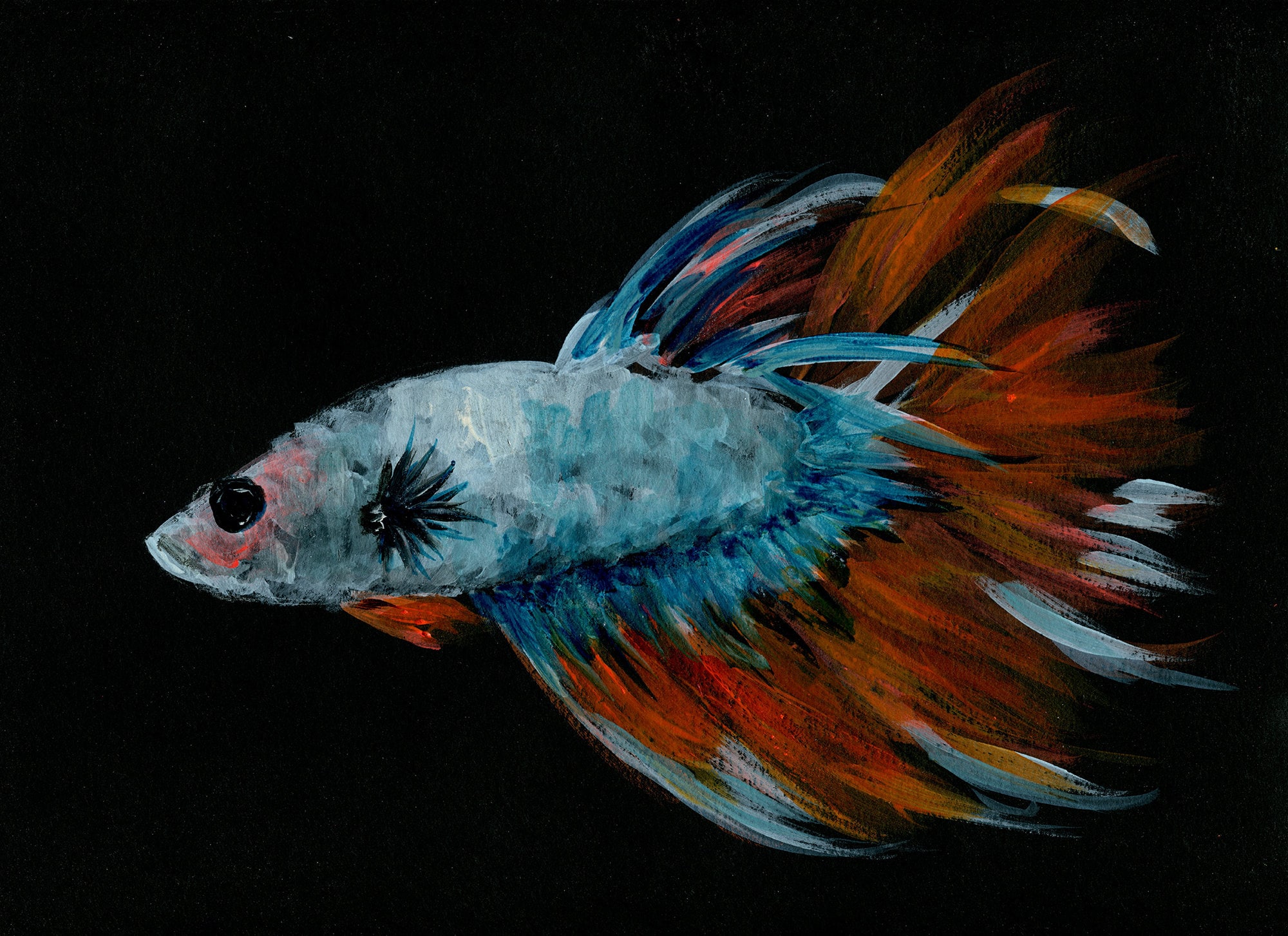 抽象的な魚の油彩画 ベタ魚アート、青とオレンジのアクリル画 9x12、小魚の壁アート