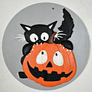 Colgante de pared de gatito de Halloween, gato negro, calabaza tallada en madera, talla de madera 3D, decoraciones de Halloween