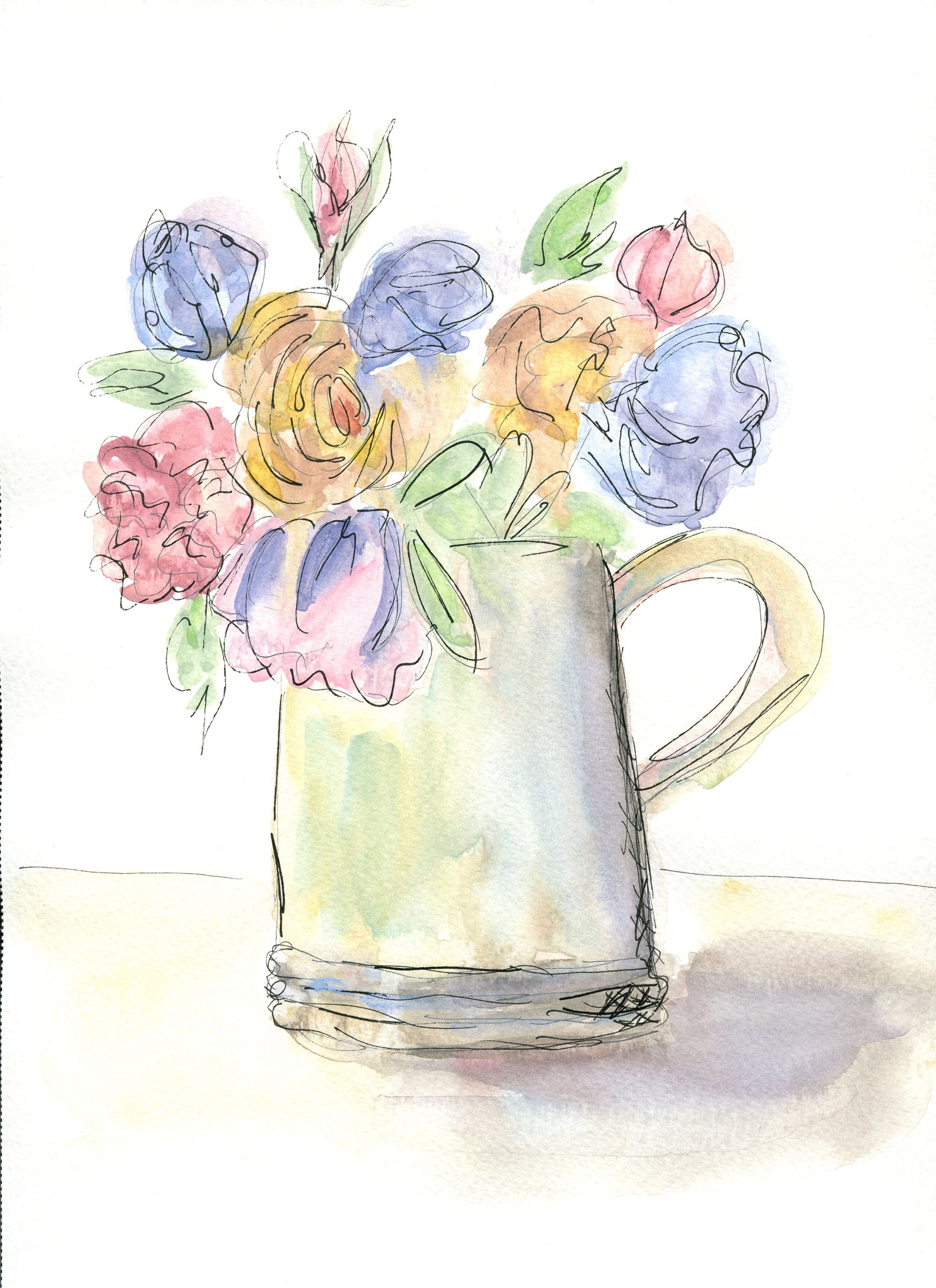 Flower Bouquet in a Water Pitcher Watercolor Painting 9x12, Pastel ...