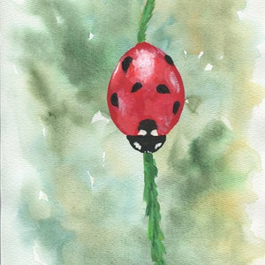 Coccinella dipinta a mano acquerello su carta 9x12, dolce e delicata decorazione murale, decorazione da parete per la cameretta delle bambine