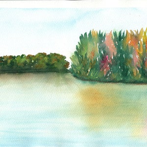 Tropical lake watercolor painting 9x12, autumn leaf painting, fall foliage landscape original watercolor