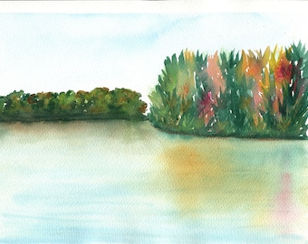 Tropical lake watercolor painting 9x12, autumn leaf painting, fall foliage landscape original watercolor