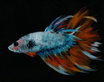 Arte de pez betta, pintura acrílica azul y naranja de 9x12, arte de pared de peces pequeños, pintura de pez luchador siamés, obra de arte original
