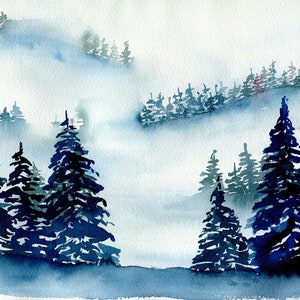 Misty forest original watercolor painting 9x12, hand painted dark blue foggy mountains landscape painting wall art