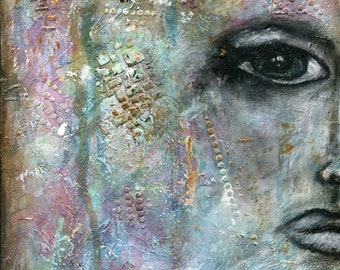 Expressive female face watercolor and acrylic painting on canvas panel 9x12, mixed media abstract painting, hand painted original painting