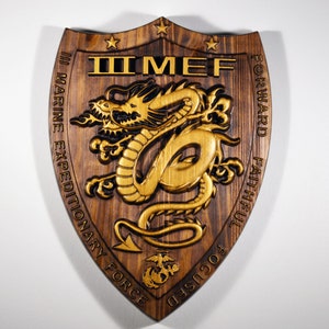 USMC III Marine Expeditionary Force, 3e MEF, Java Gold Plaque, 3D-houtsnijwerk, militaire plaquette