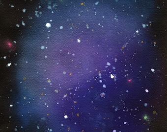 Blue and purple galaxy watercolor painting 9x12, hand painted nebula original on paper, outer space wall art, celestial artwork