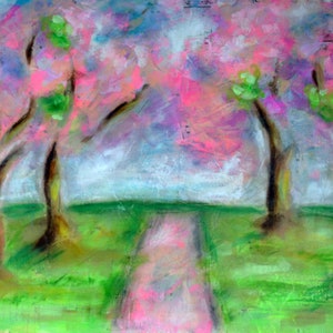 Cerisiers en fleurs, forêt rose de techniques mixtes peinte à la main, peinture acrylique originale prête à encadrer 16 x 20, art mural en panneau de toile