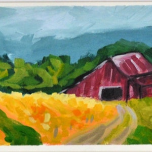 Paysage de campagne avec grange rouge sur papier 6 x 9, aquarelle gouache peinte à la main sur papier, paysage de ferme impressionnisme