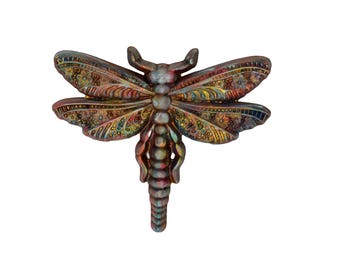 Dragonfly hand painted 3d wood carving, wood wall art, colorful metallic ready to hang