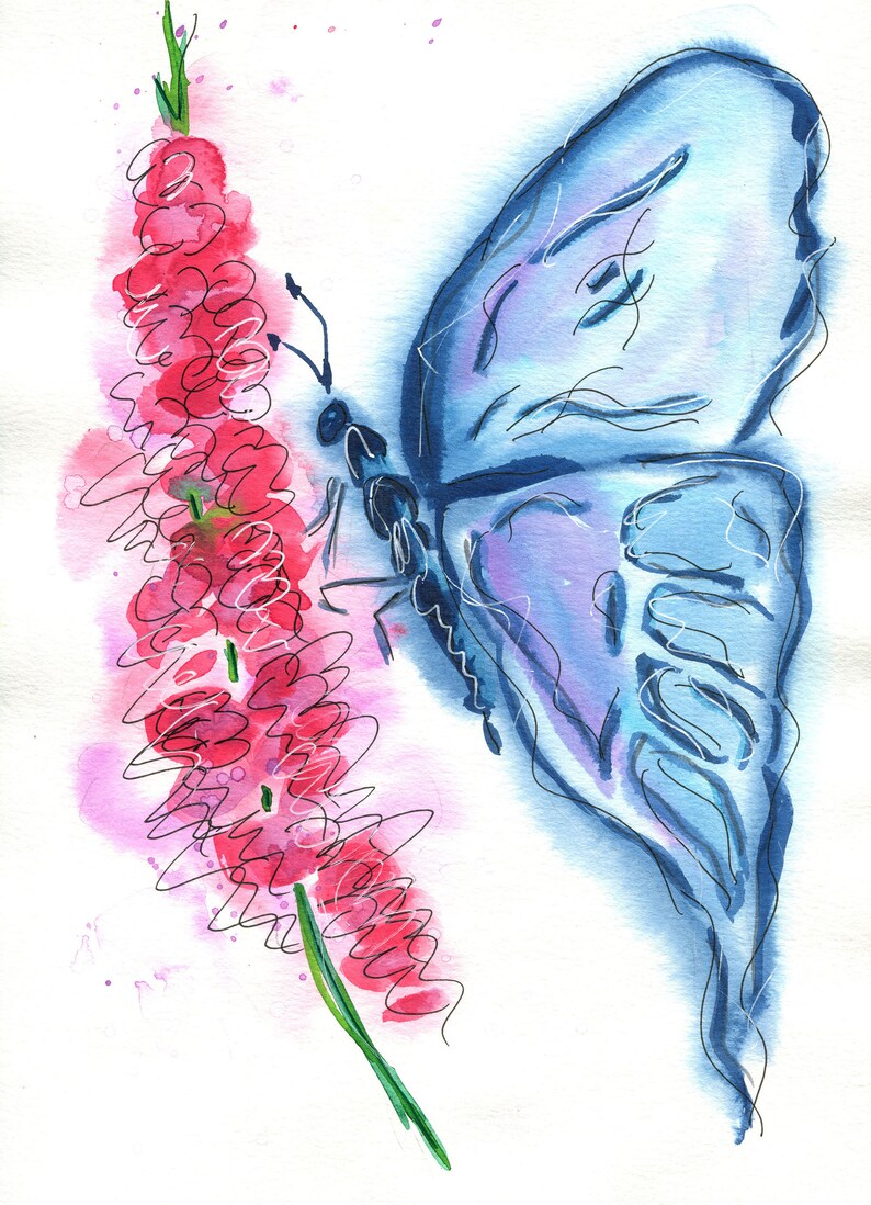 May include: Watercolor painting of a blue butterfly with its wings spread out, perched on a pink flower with a green stem.