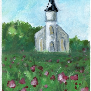 Little white church and flower field acrylic painting on paper 9x12, hand painted impressionism painting, original painting not a print