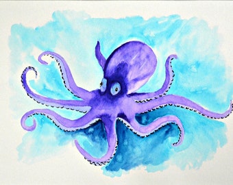 Octopus watercolor painting, under the sea original wall art