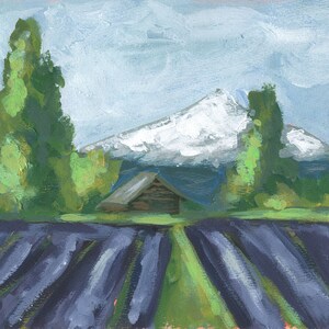 Monte Hood e paesaggio del campo di lavanda dipinto a mano dipinto acrilico 9x12, pittura acrilica originale del paesaggio selvaggio