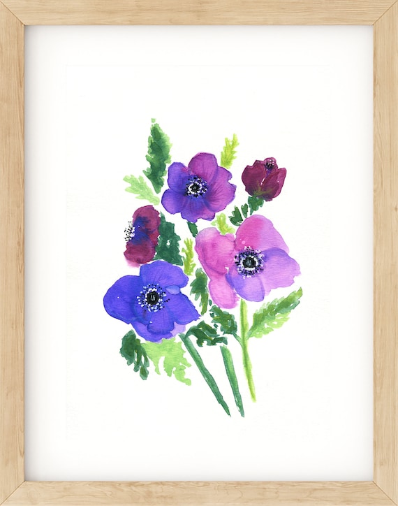 アネモネの水彩画 9x12、紫の植物の壁アート、手描きのオリジナル花の