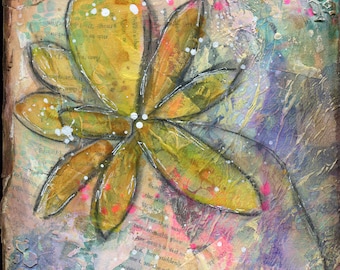 Whimsical 8x10 Yellow Garden, Original Mixed Media Flower Art in Bright Acrylic and Watercolor