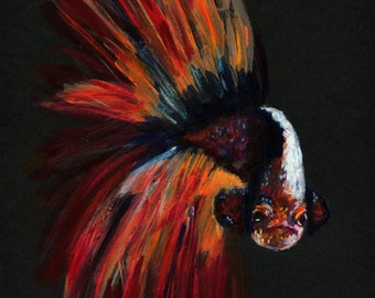 Pez Betta, pintura acrílica multicolor sobre papel negro 9x12, arte de pared pintado a mano, pintura de peces luchadores siameses, obras de arte originales