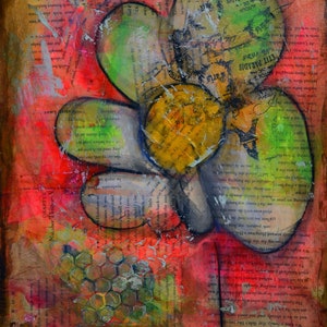 Abstract flower garden hand painted mixed media painting on canvas panel 11x14, original art acrylic and watercolor painting