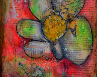 Abstract flower garden hand painted mixed media painting on canvas panel 11x14, original art acrylic and watercolor painting