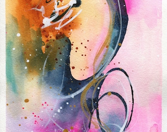 Abstract hand painted watercolor painting 6x9, abstract circle watercolor original artwork, blue yellow and pink small wall art