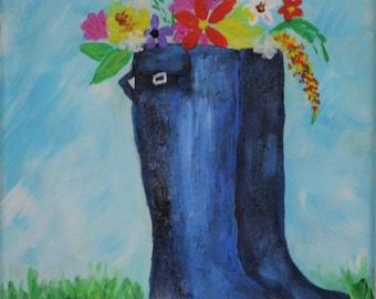 Blaue Regenstiefel mit Aprilblumen, Acrylgemälde auf Leinwand 8x10, handgemaltes Frühlingsblumen-Originalgemälde, Leinwand-Wandkunst