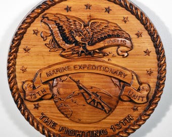 USMC 13th Marine Expeditionary Unit, 13th MEU 12" wood carving, military plaque