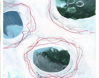 抽象的な円形の手描きのミクストメディア絵画、9x12の紙、抽象的な青い