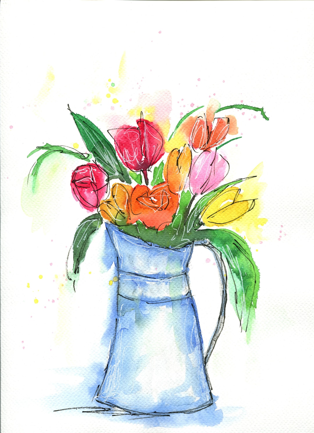 花瓶の中のチューリップ、オリジナルの手描き水彩画 9x12、線と水彩で
