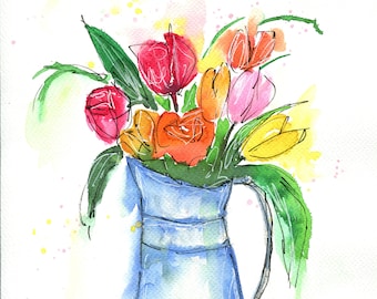 Tulips in a vase original hand painted watercolor painting 9x12, line and wash tulip wall art, tulips in an old fashion water pitcher