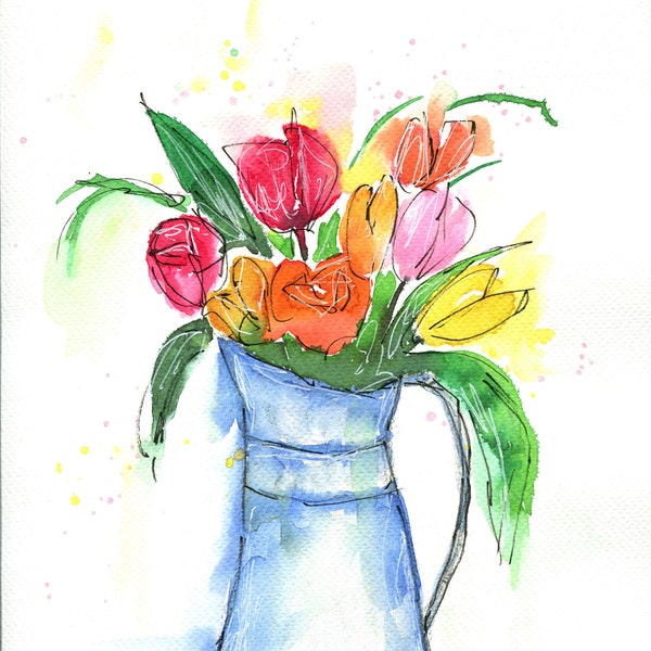 Tulips in a vase original hand painted watercolor painting 9x12, line and wash tulip wall art, tulips in an old fashion water pitcher