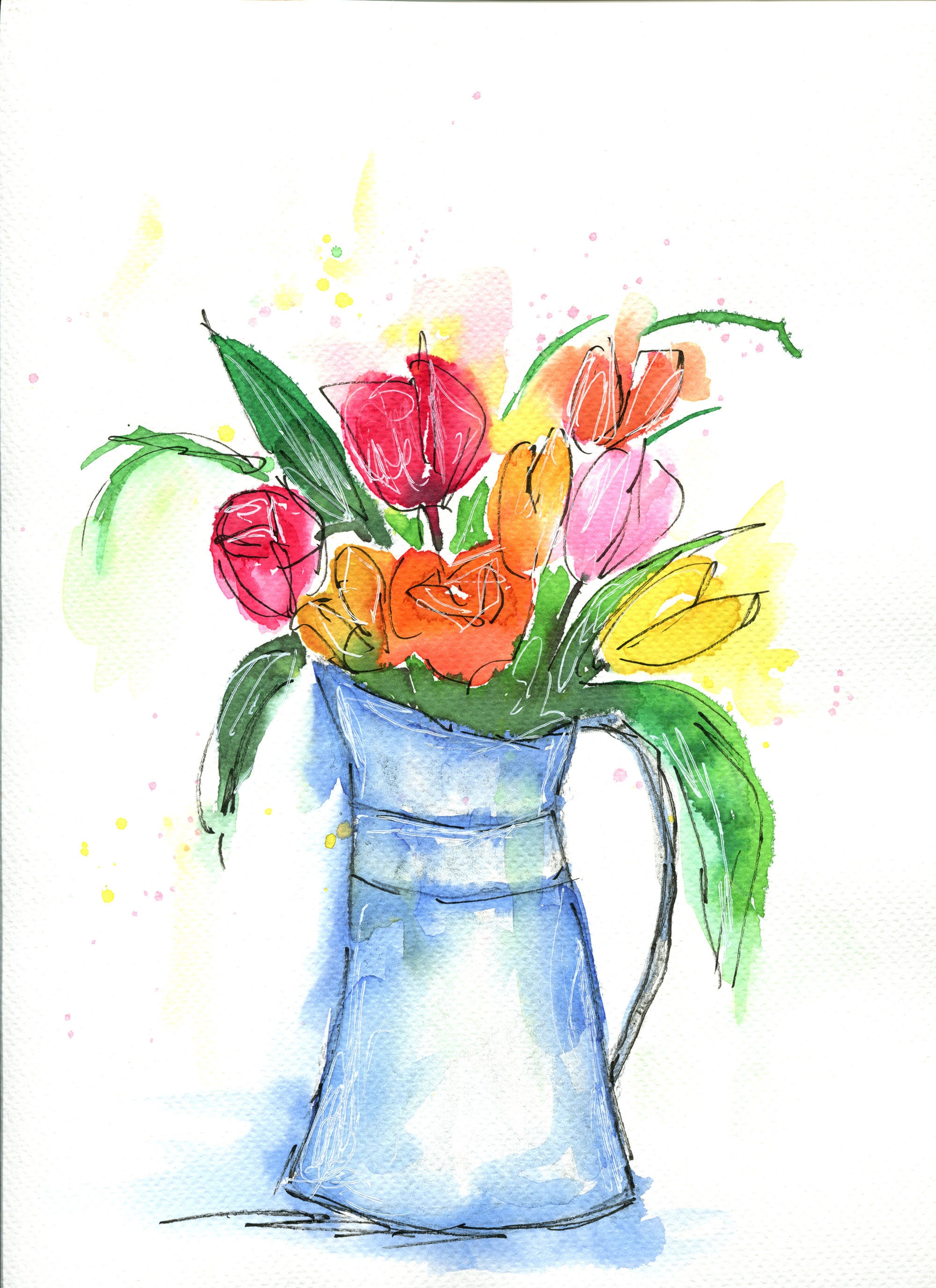 花瓶の中のチューリップ、オリジナルの手描き水彩画 9x12、線と