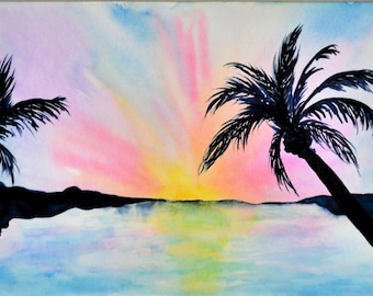 Palm trees sunset original watercolor painting 9x12, sunset in paradise tropical sunset wall art